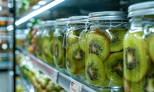超市或杂货店货架上的自制猕猴桃罐子充满爱意