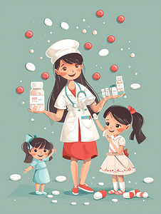 小女孩喝水摄影照片_女护士陪伴儿童小女孩吃药