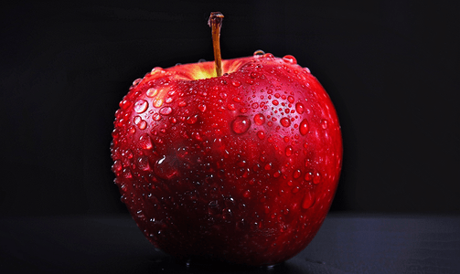 自然水滴摄影照片_黑色背景上红苹果光滑表面上的水滴