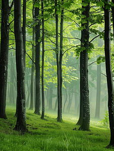 查看树木上雾森林内部的垂直视图