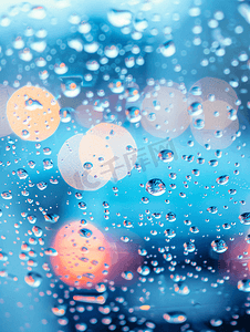 蓝色的抽象的背景与散景挡风玻璃雨刷喷雾在窗户上