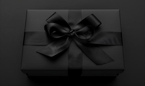金色背景广告摄影照片_黑色礼品盒带黑色丝带孤立在黑色背景上