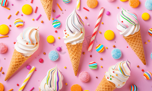 美味小吃卡通摄影照片_彩色无缝图案配有冰淇淋和条纹糖果棒