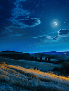 月亮夜晚背景摄影照片_月亮在田野上的夜空