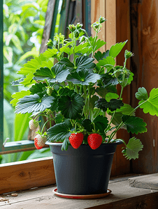 家里的花园架子上花盆里盛开的草莓