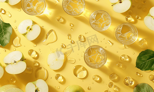 黄色液体摄影照片_黄色背景中带苹果汁和苏打水的透明玻璃的顶视图