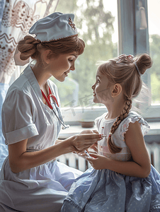 小女孩喝水摄影照片_女护士陪伴儿童小女孩吃药