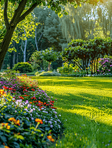 诗词边框摄影照片_夏季花园中的花坛和绿色草坪