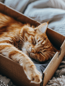 首页黄摄影照片_橙色虎斑猫躺在盒子里毛茸茸的宠物要睡在那里