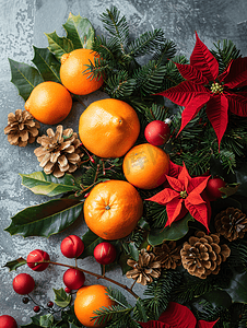 圣诞树枝摄影照片_圣诞花卉顶部小插图配有橙子、一品红和冬季树枝