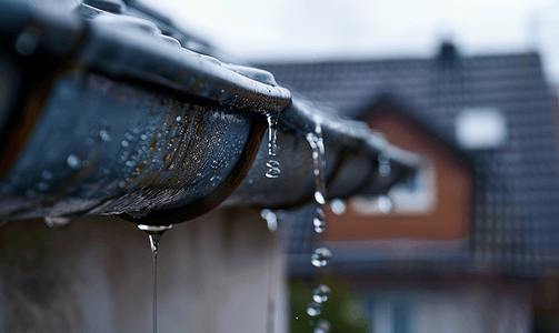 雨桶摄影照片_雨后排水管和装满水的金属桶的特写