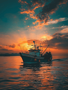 夕阳下的渔船