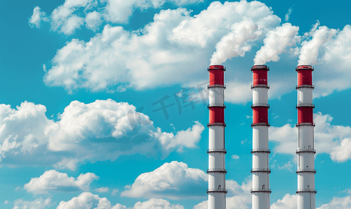 云背景上对角线发电厂的白色烟囱
