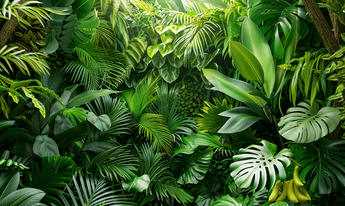 棕榈背景摄影照片_热带花园中茂密的树叶香蕉和丛林植物自然背景