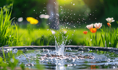 水春天摄影照片_装饰池塘和喷泉溅水草和花