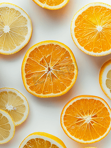 切橙子摄影照片_白色背景中的柑橘片橙子和柠檬