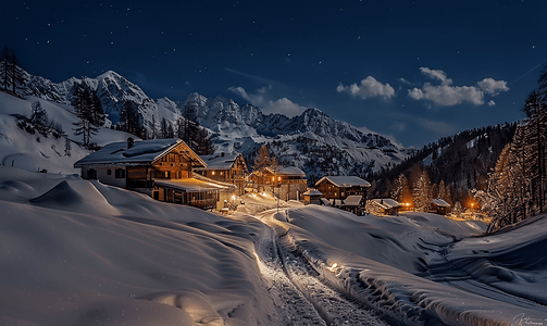 圣诞节的夜晚摄影照片_阿尔卑斯山的山村在晚上