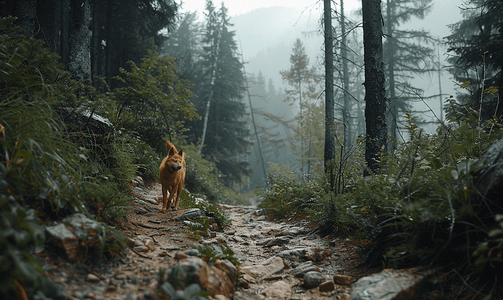 米色海报背景摄影照片_喀尔巴阡山脉森林中的多夫布什岩石和孤独野狗的小径