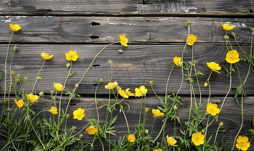木墙背景上美丽的黄色野生毛茛花自然背景
