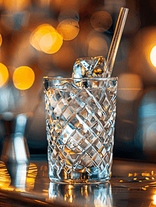 酒吧桌上的银色玻璃杯中盛有冰块的酒精鸡尾酒