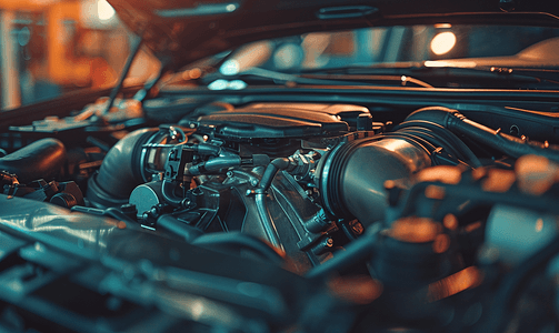 汽车维修工位摄影照片_汽车维修和保养主题汽车打开引擎盖发动机在汽车服务中