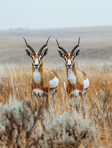 红色小五角星摄影照片_北达科他州草木茂盛的平原上的叉角羚