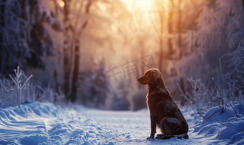 雪覆盖的松树和孤独的狗美丽的冬季风景霜冻自然