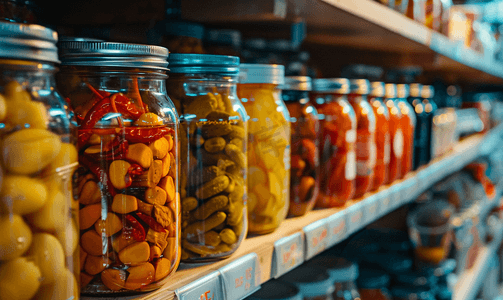 超市或杂货店货架上有桥墩的自制罐子用爱制作