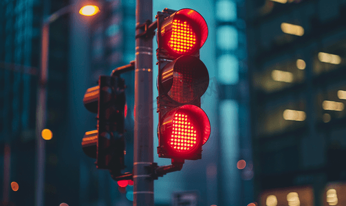 红色光荣榜摄影照片_十字路口中间的红色交通信号灯