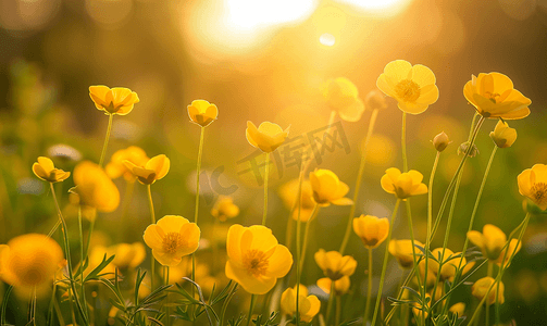 明媚春天摄影照片_美丽的黄色野花毛茛花在日落光自然背景中
