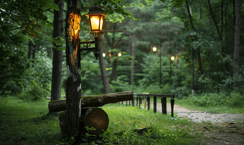 村庄木头上的路灯柱