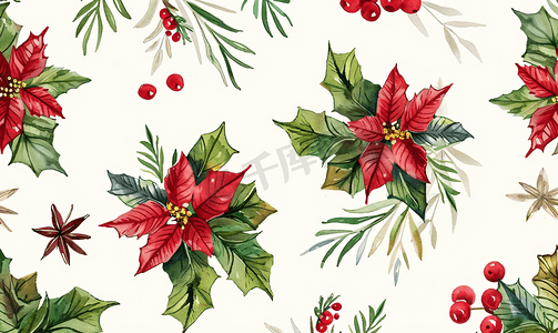 圣诞水彩无缝图案配一品红、红浆果和八角星