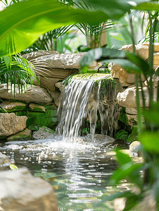 池塘瀑布摄影照片_绿色热带植物之间的人工迷你瀑布