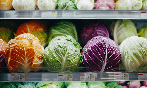 超市或杂货店货架上色彩缤纷的闪亮新鲜蔬菜卷心菜