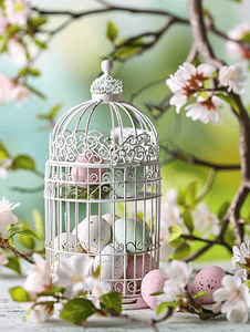 春天中摄影照片_白色装饰鸟笼中的复活节彩蛋户外装饰
