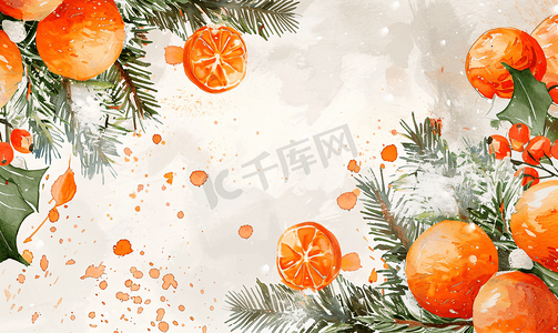 小标题摄影照片_圣诞水彩橙子和冬季植物卡