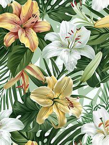 带百合和小苍兰花的热带绿色无缝图案