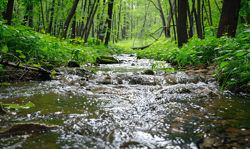 树木绿色森林摄影照片_夏天的森林小溪