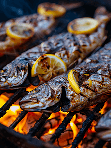 烤新鲜鲈鱼配柠檬片在户外火上烹饪烧烤海鲜