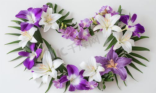 水彩花卉边框摄影照片_带白百合和紫罗兰小苍兰的热带心形花环