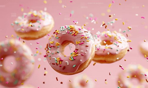 运动中的釉面甜甜圈落在带有彩色糖粒的粉红色背景上