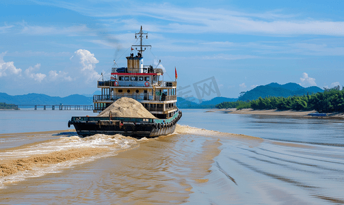 装载大量沙子的大型货船正在大河上航行