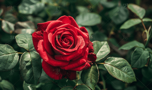 花园里明亮绽放的单朵红玫瑰的顶视图