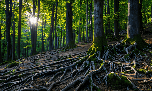 产品框摄影照片_喀尔巴阡山脉有树根的绿色森林
