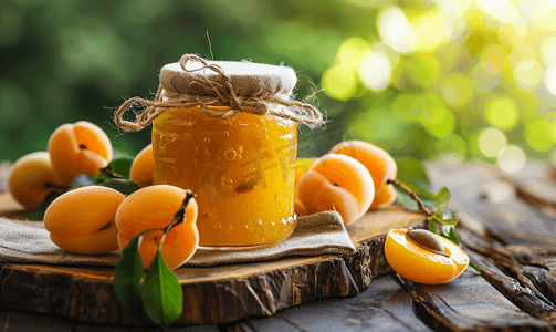 玻璃罐中自制有机杏果酱和乡村木桌上的熟杏