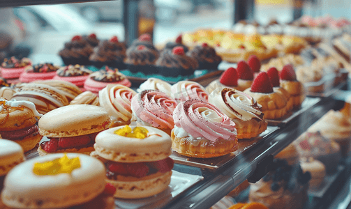 糕点店展示橱窗提供各种泡芙、马卡龙、蛋挞等精选焦点
