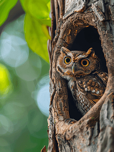 树杆摄影照片_猫头鹰住在大树上的巢里是泰国很受欢迎的宠物