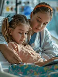 护士陪伴住院的小女孩看平板电脑特写