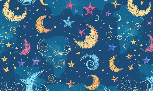 标题涂鸦底摄影照片_蓝色背景上带有月亮、星星和涂鸦的无缝节日图案