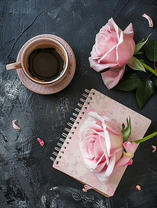 笔记本摄影照片_黑色背景上一杯黑咖啡笔记本和粉红玫瑰顶视图复制空间